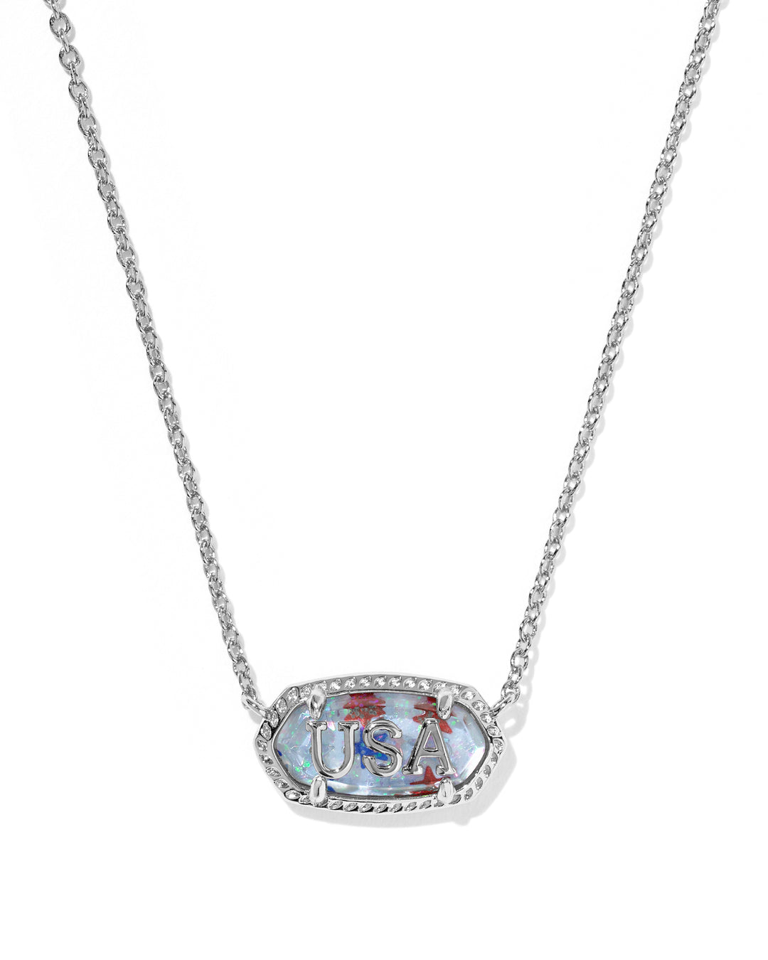 KENDRA SCOTT ELISA USA SHORT PENDANT NECKLACE - SILVER RED WHITE BLUE STAR ILLUSION