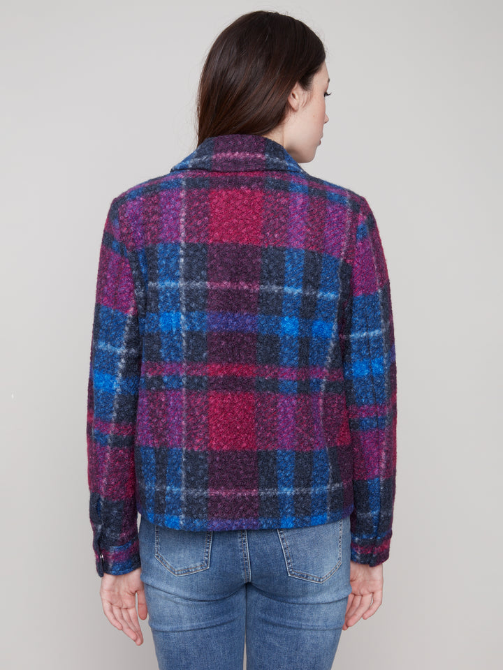 PLAID BOUCLE KNIT SHORT JACKET - NAVY