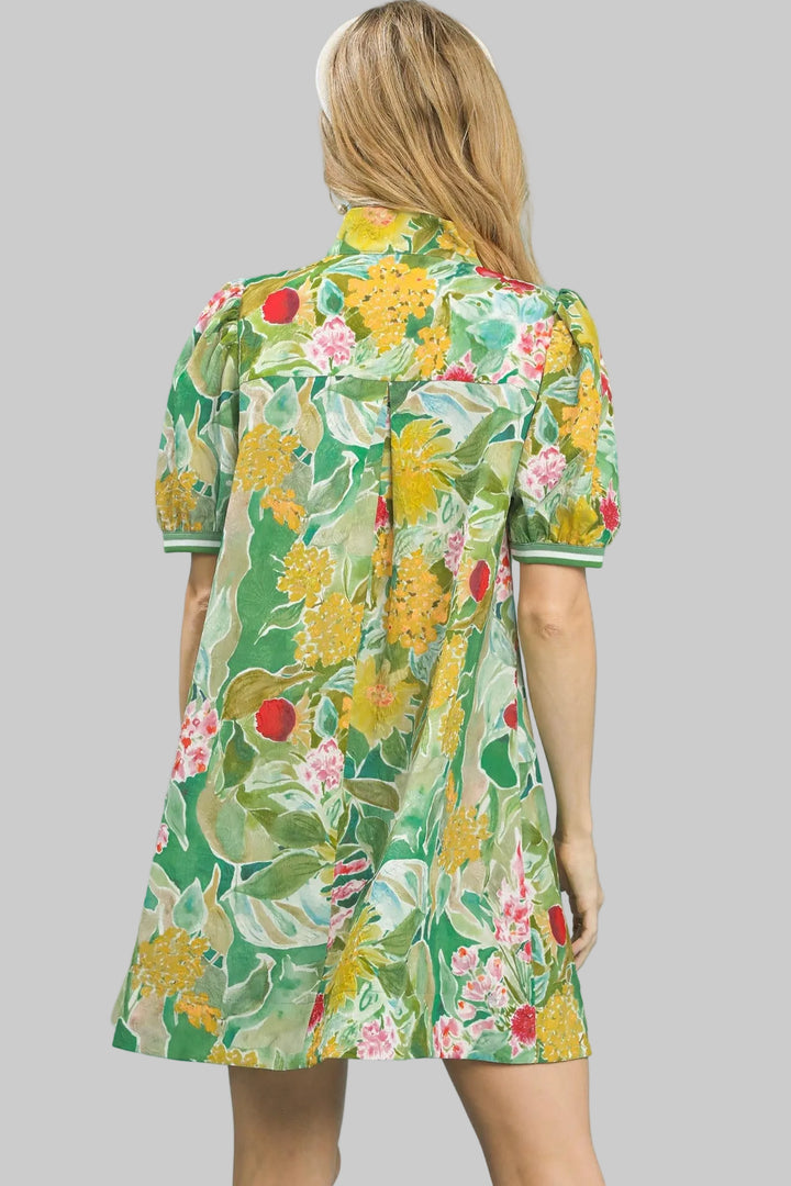 BLOOMSCAPE PRINT SHORT DRESS W/STRIPE BAND TRIM - GREEN MIX