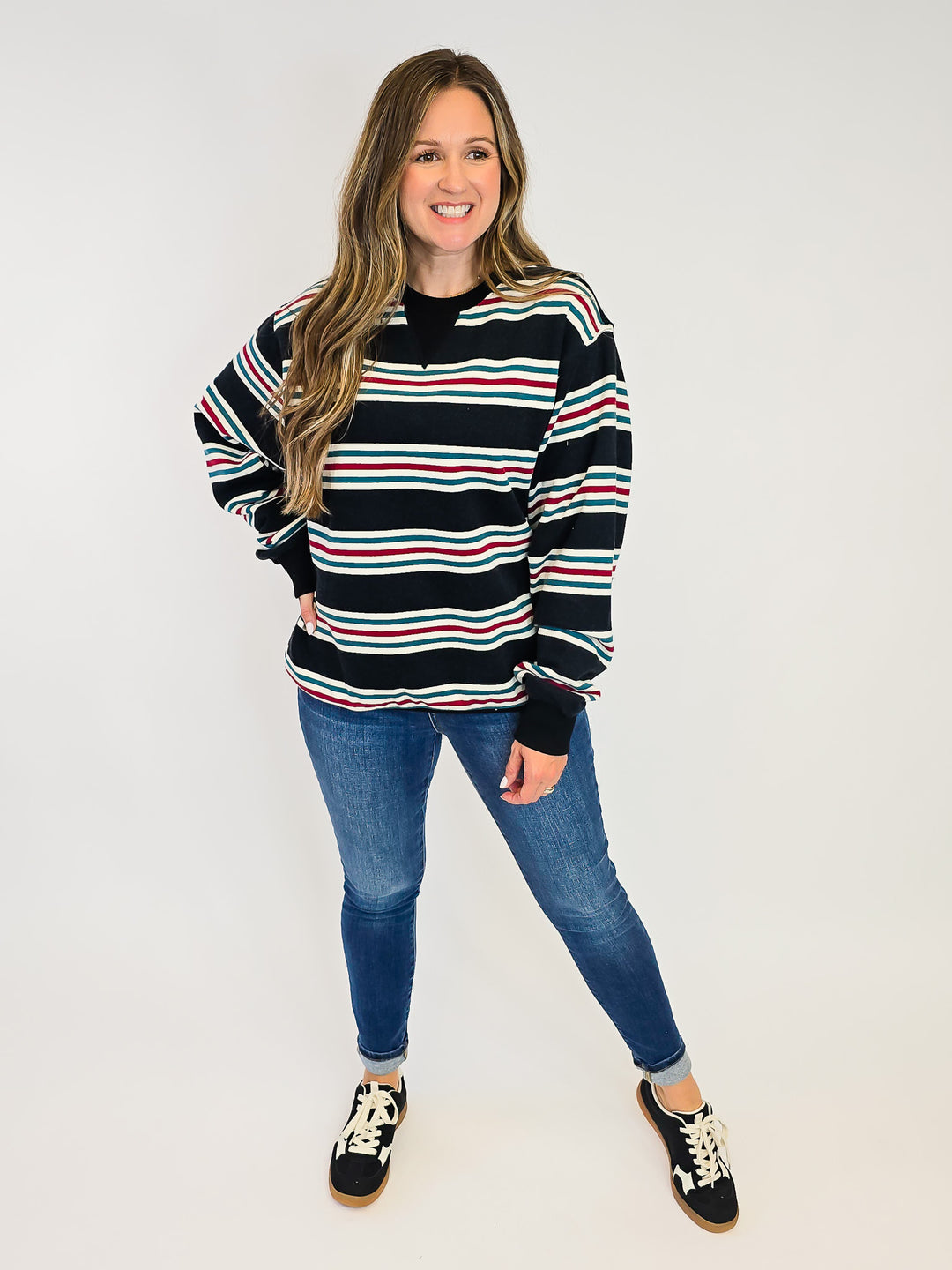 RETRO STRIPED CREW NECK SWEATSHIRT - DUST NAVY