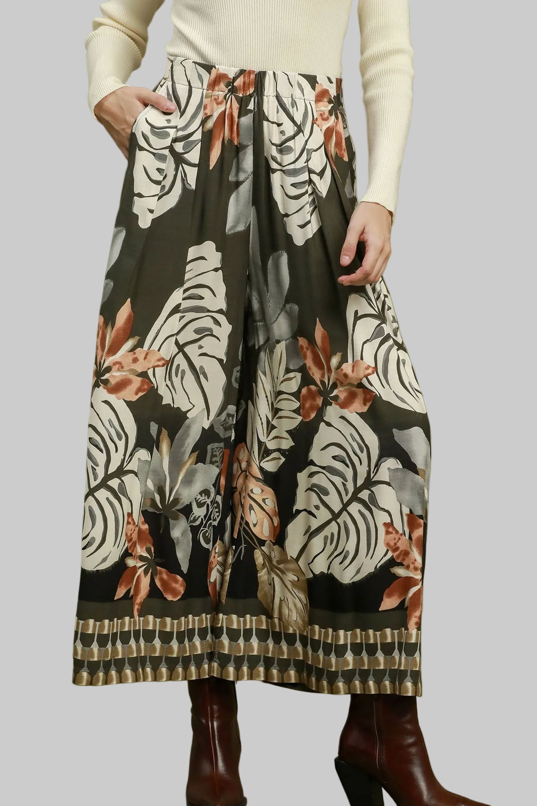 TROPICAL PRINT WIDE LEG PALAZZO PANTS - ESPRESSO/ASH
