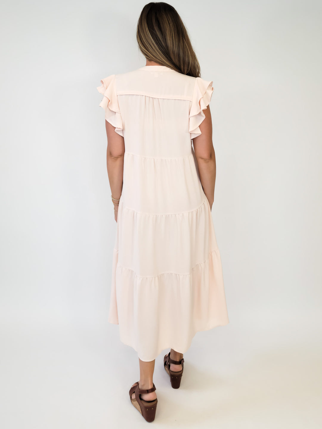 SPLIT NECK A-LINE TIERED MIDI DRESS W/RUFFLE SLEEVES - EGGSHELL CREAM