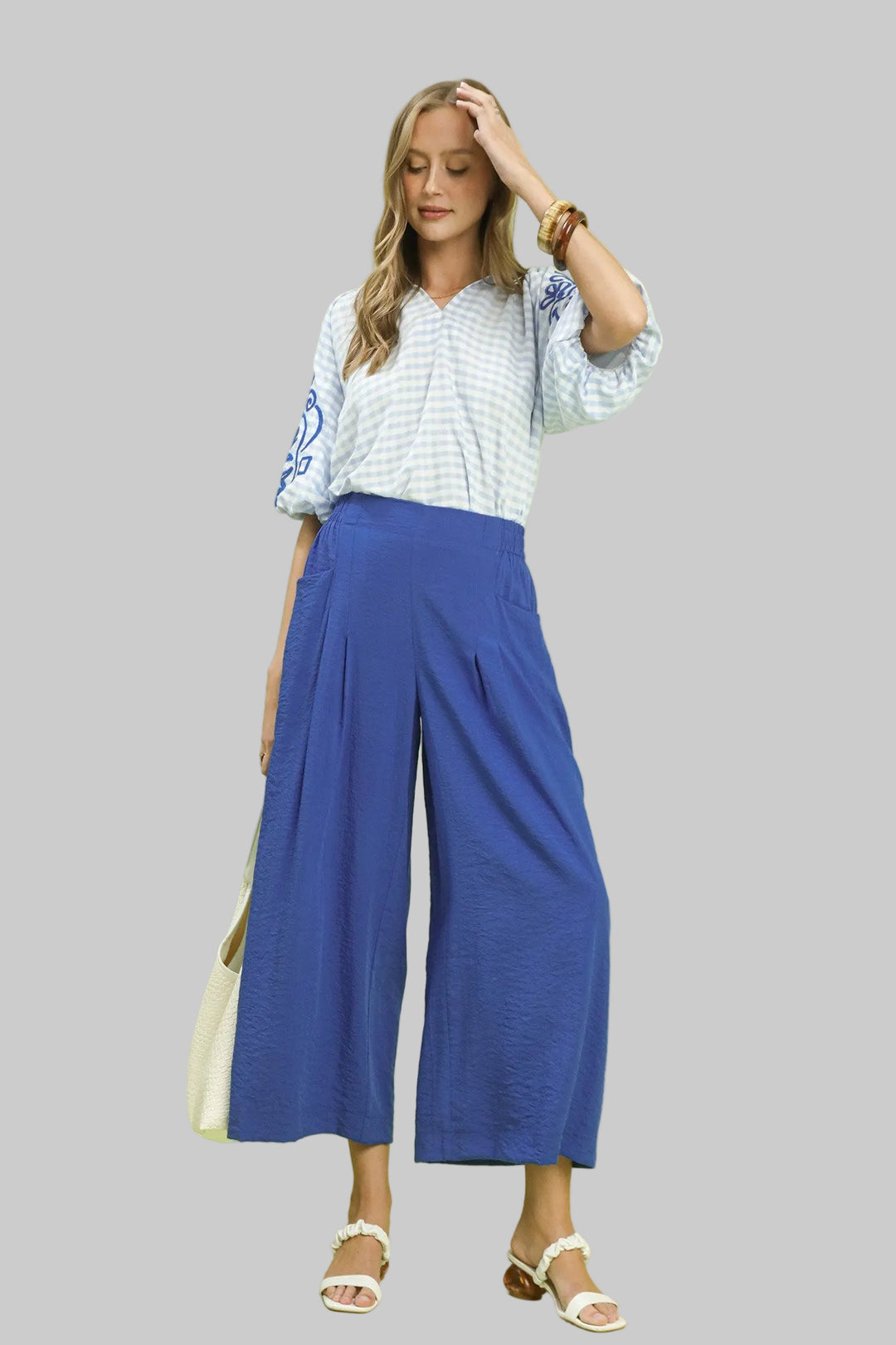 SOLID PLEAT WIDE LEG CROPPED PANTS - BLUE