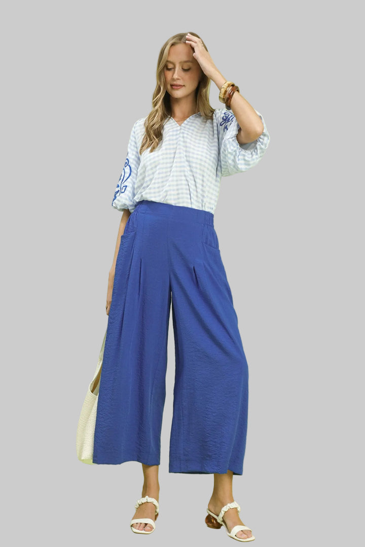 SOLID PLEAT WIDE LEG CROPPED PANTS - BLUE