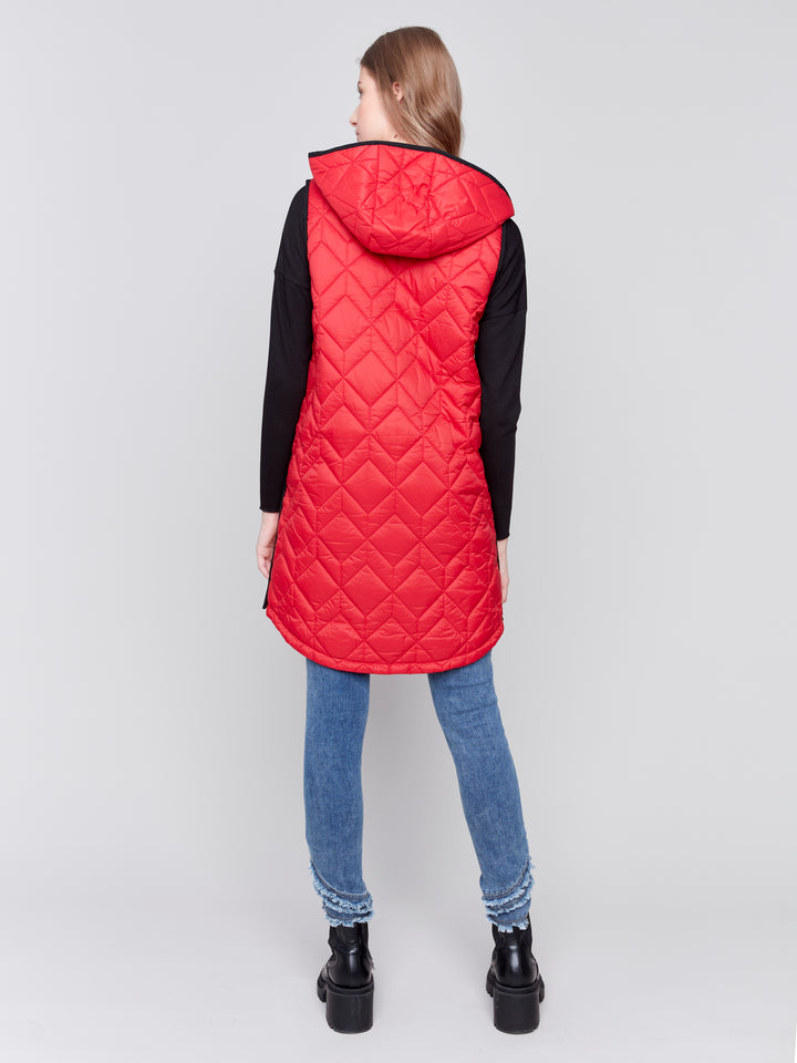 LONG QUILTED HOODED PUFFER VEST - CRANBERRY