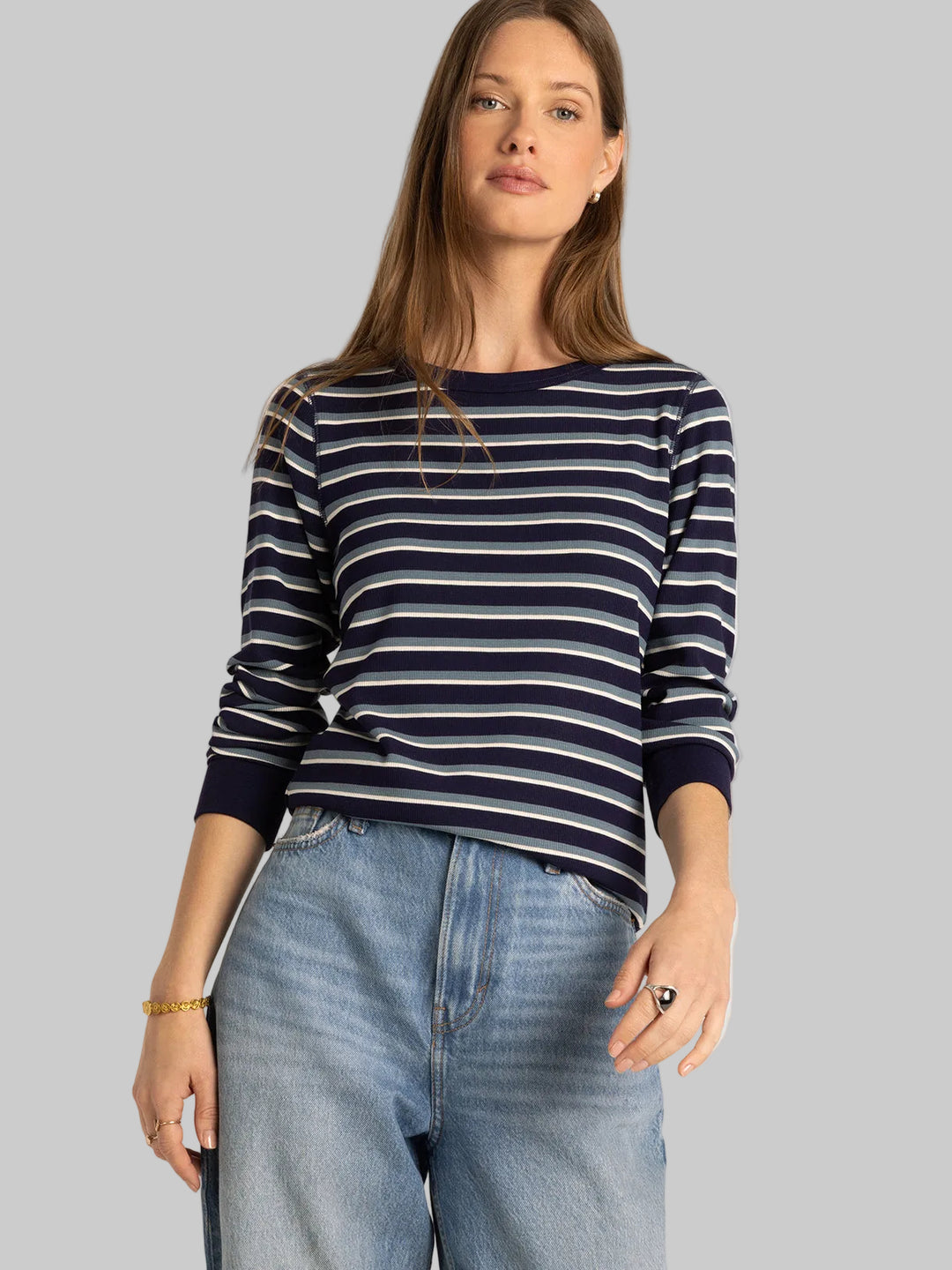 LONG SLEEVE STRIPED STACY TOP - NAVY MULTI