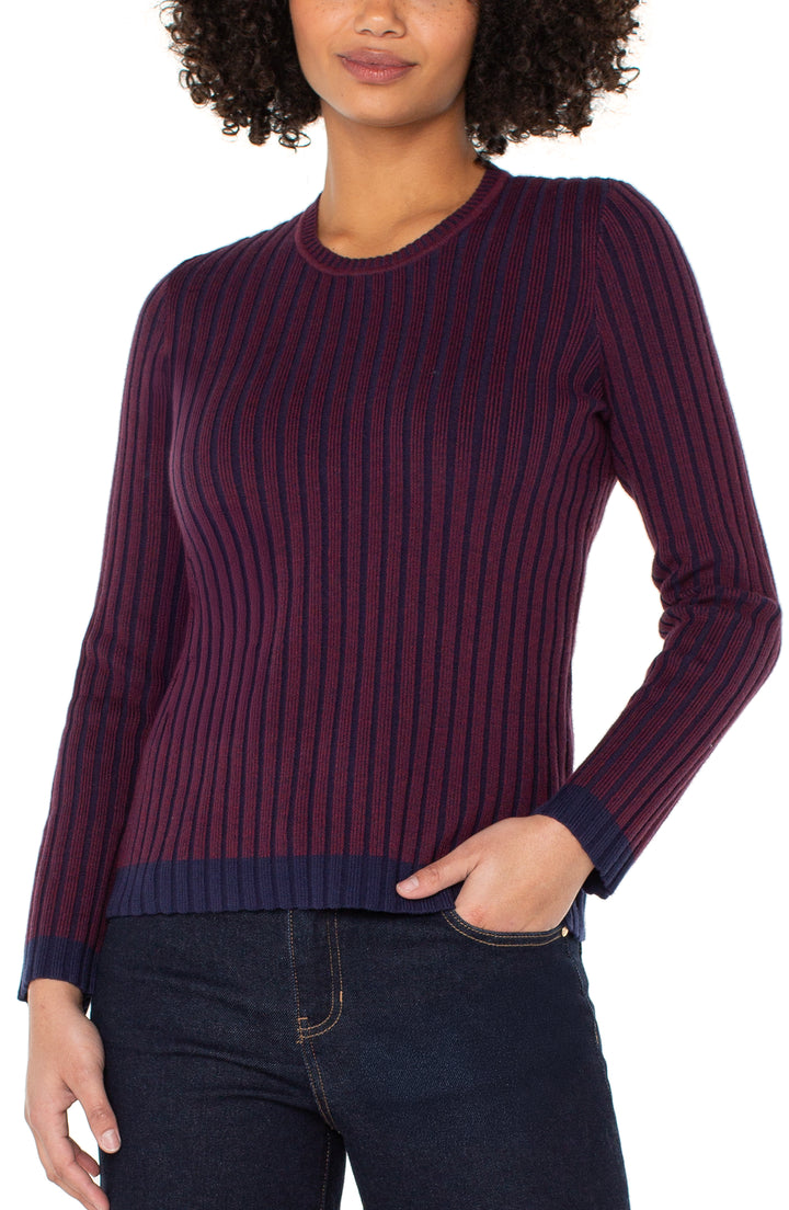 LONG SLEEVE CREW NECK RIBBED SWEATER - CABERNET RED/NAVY