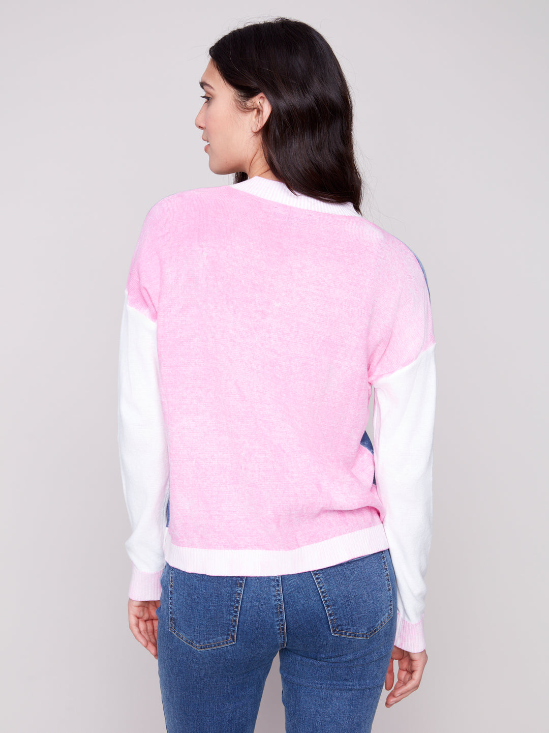 COLOR BLOCK V-NECK SWEATER - DENIM