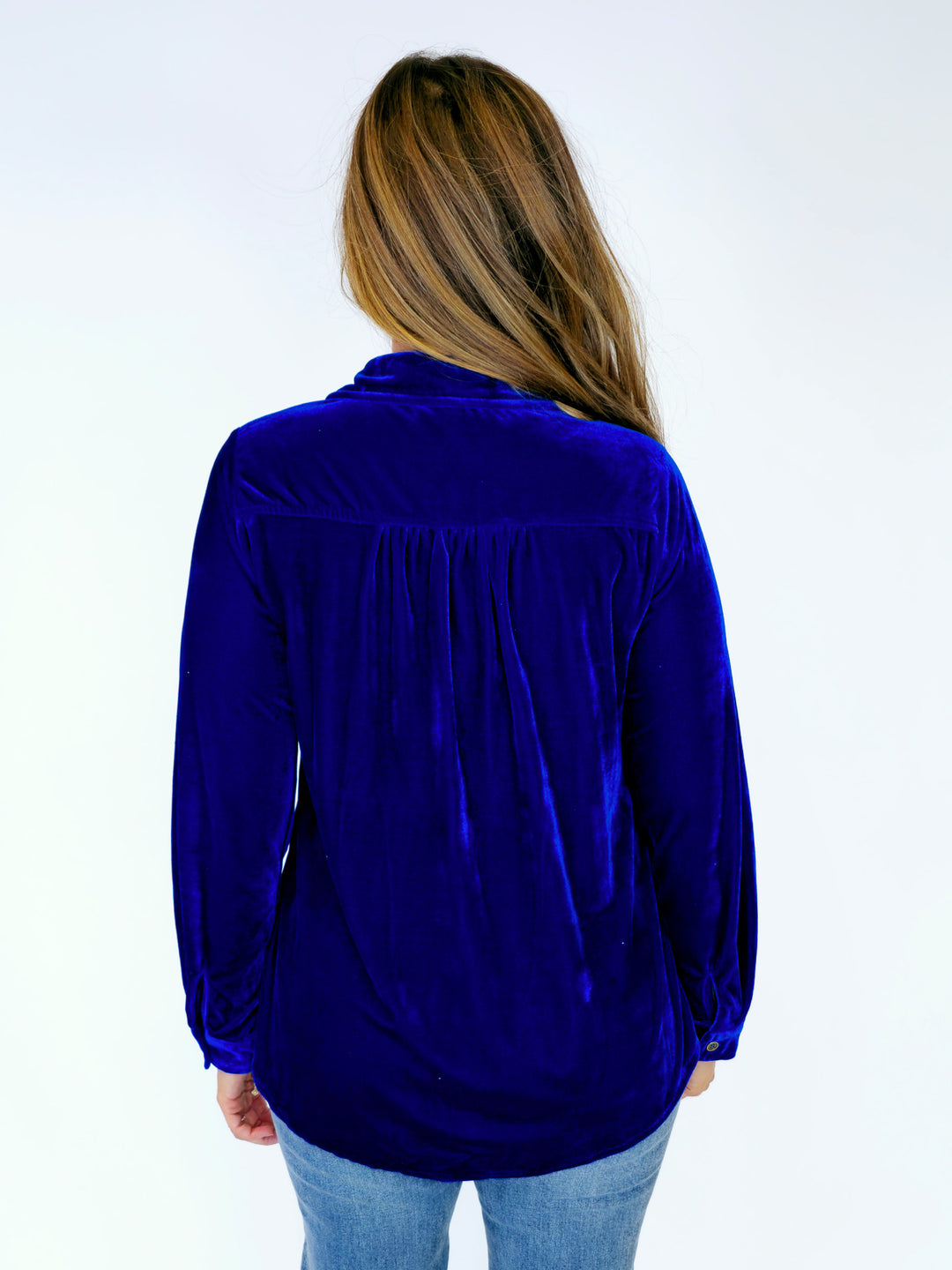 VELVET COLLARED BUTTON DOWN TOP - SAPPHIRE