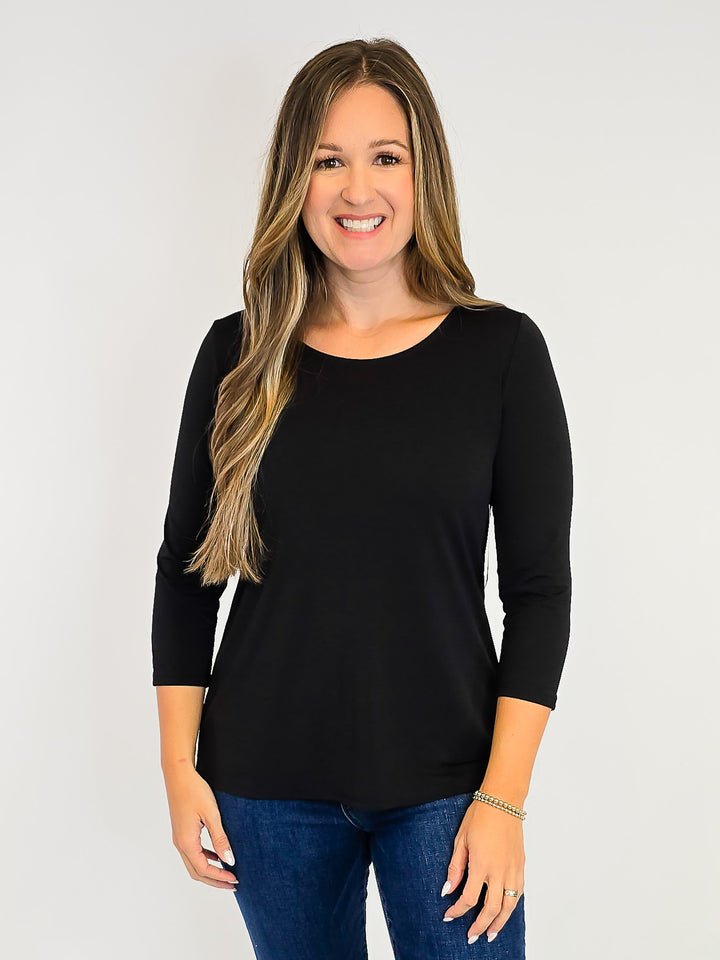 DEAR SCARLETT ROUND NECK 3/4 SLEEVE TOP - BLACK