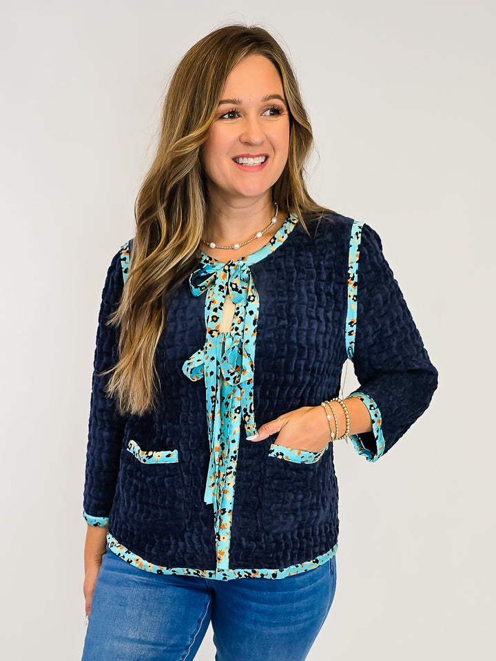 3/4 SLEEVE TERRY VELOUR JACKET W/CONTRAST BINDING - NAVY