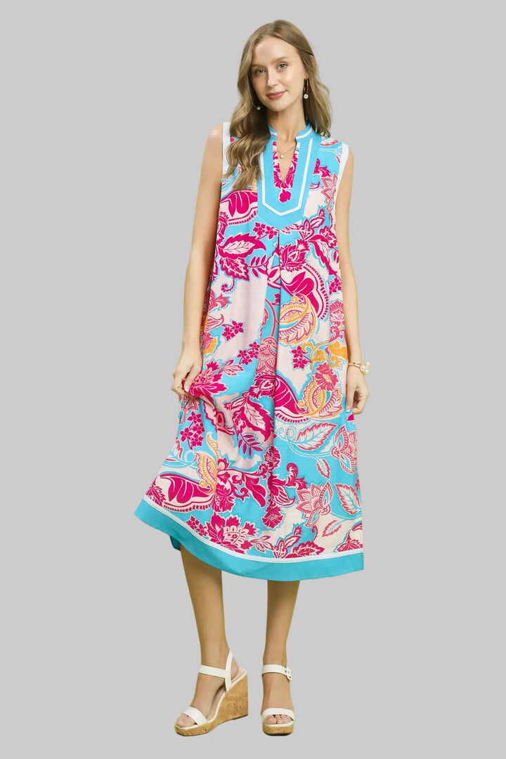 SLEEVELESS ABSTRACT PRINT MIDI DRESS- BLUE