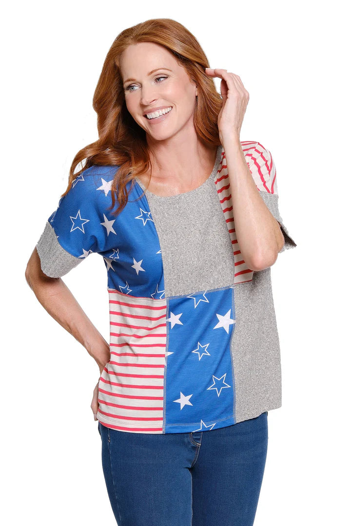 DOLMAN SHORT SLEEVE SCOOP NECK TOP - STARS/STRIPE BLOCKED RWB