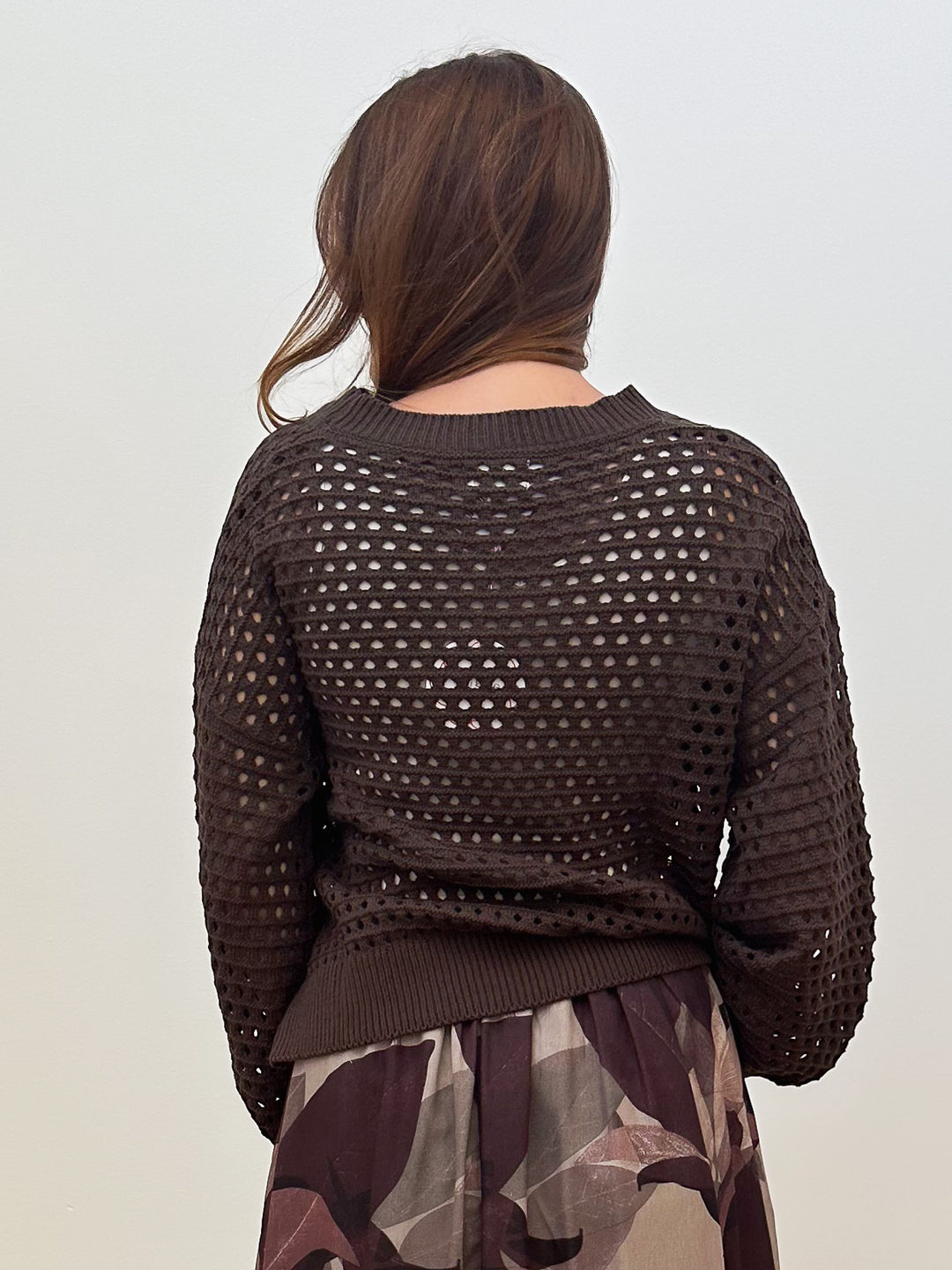 OPEN KNIT CROCHET PULLOVER SWEATER - CHOCOLATE