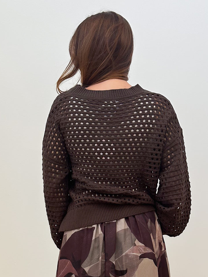 OPEN KNIT CROCHET PULLOVER SWEATER - CHOCOLATE
