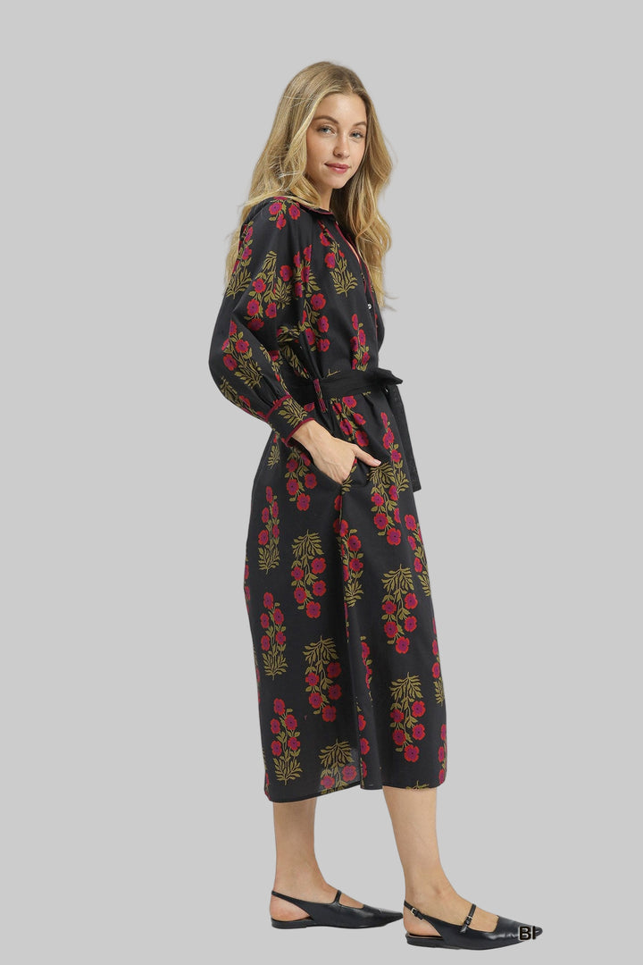 FLORAL BUTTON FRONT MAXI SHIRT DRESS - BLACK MIX