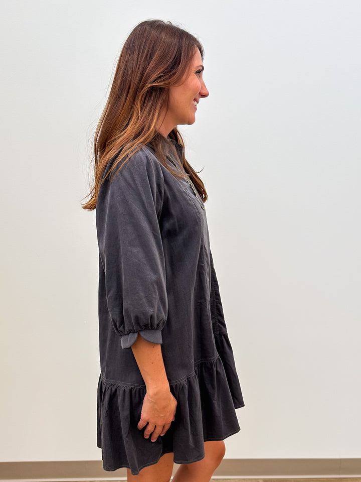 3/4 PUFF SLEEVE CORDUROY BABYDOLL SHORT DRESS - CHARCOAL