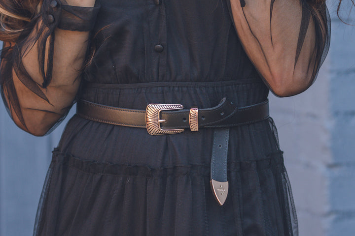 BOHO BUCKLE LEATHER BELT - BLACK