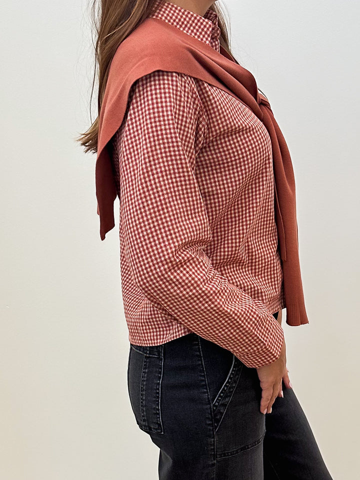 GINGHAM CHECK CROPPED BLOUSE W/FAUX CAPE - RUST