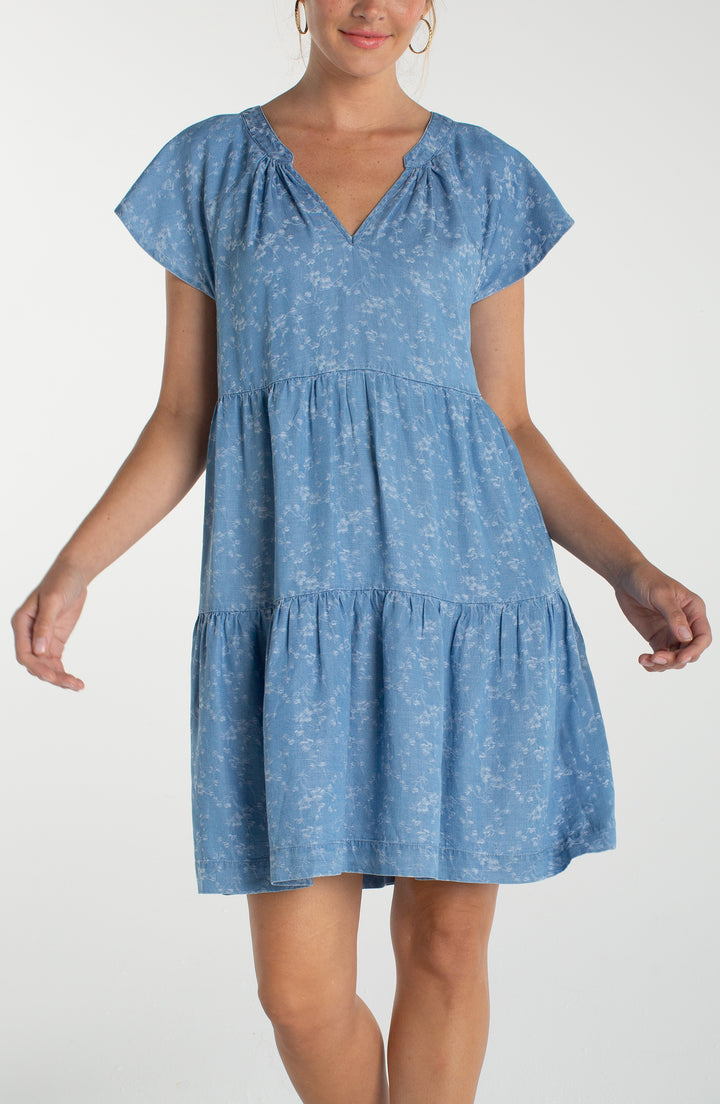 TIERED FLUTTER SLEEVE SHORT DRESS - INDIGO ROSES