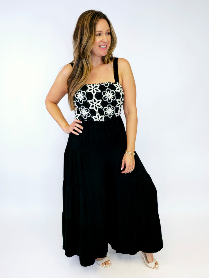 FLORAL EMBROIDERED TIERED LEG JUMPSUIT - BLACK