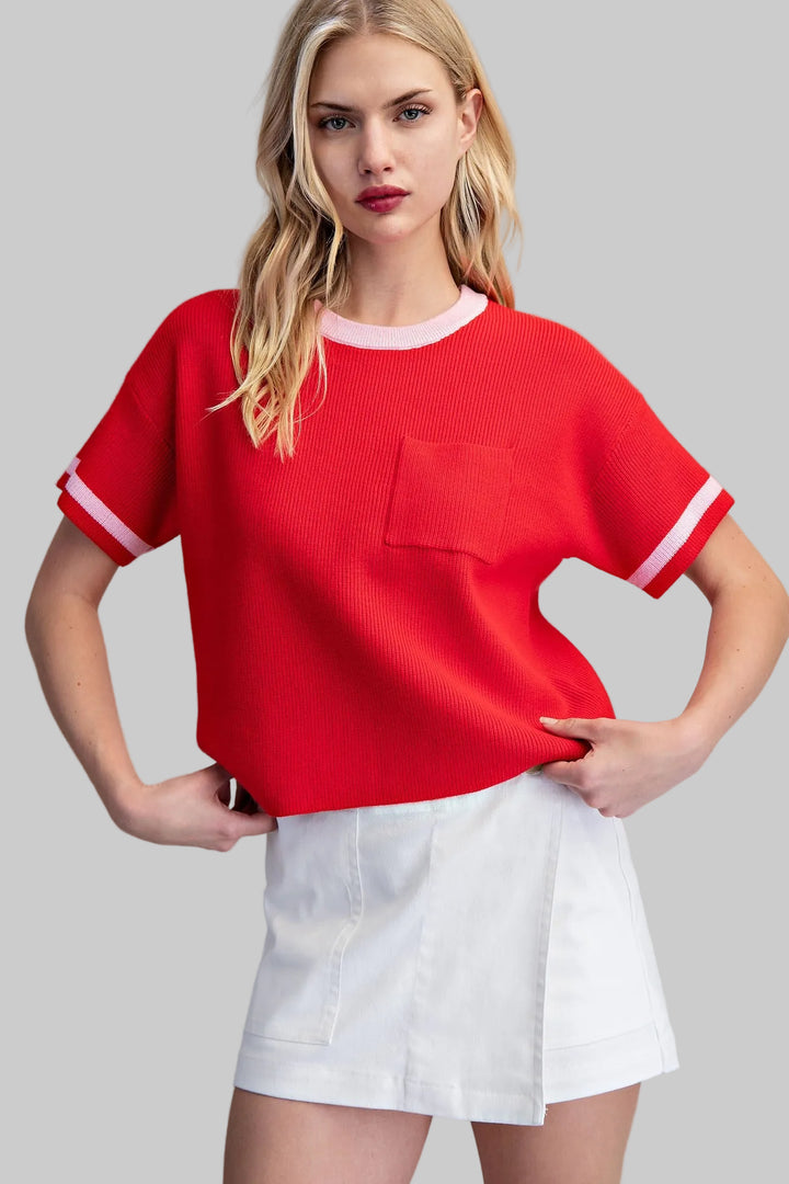 SHORT SLEEVE CONTRAST KNIT TOP - TOMATO