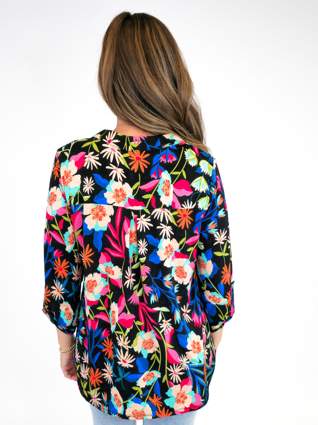 DEAR SCARLETT STRETCHY LIZ TOP WITH 3/4 SLEEVES - BLACK/BLUE/PINK FLORAL