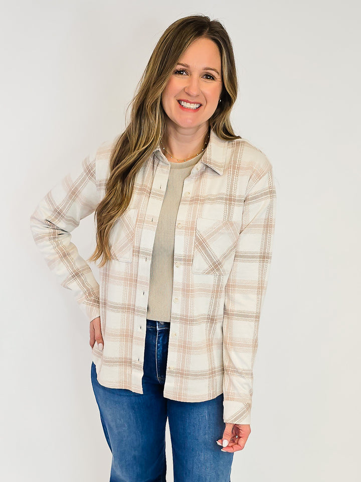 COLLARD BUTTON UP PLAID SAJA SHACKET - MAUVE TAUPE