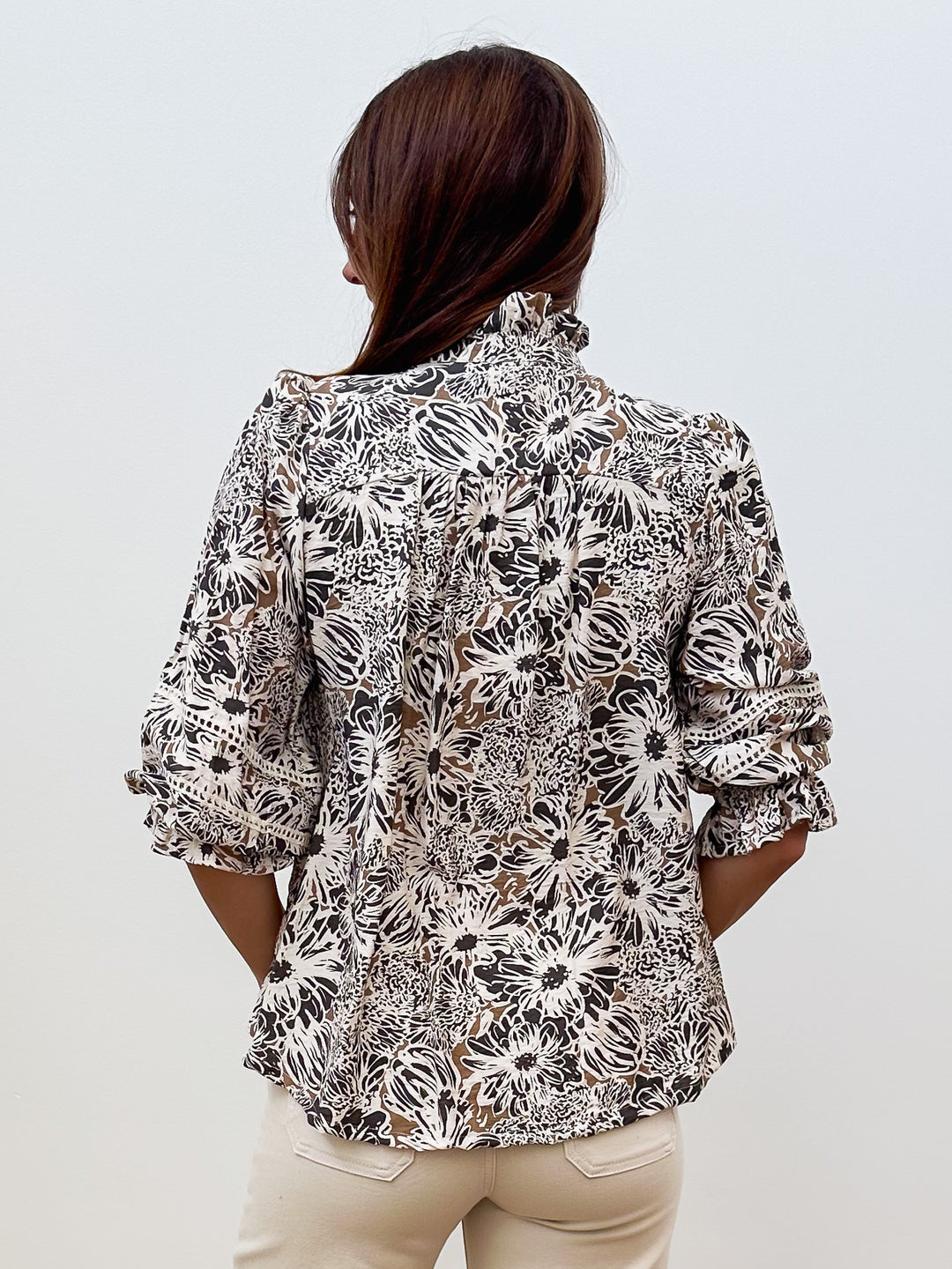 FLORAL LACE TRIM BUTTON FRONT BLOUSE - TAUPE