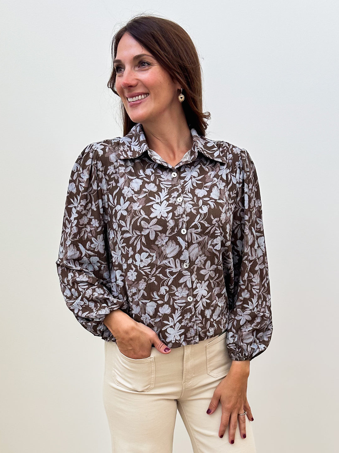 BALLOON SLEEVE COLLARED TOP - OLIVE