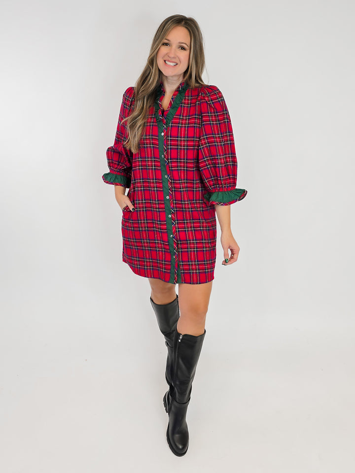 3/4 PUFF SLEEVE PLAID CONTRAST DETAIL SHORT DRESS - RED
