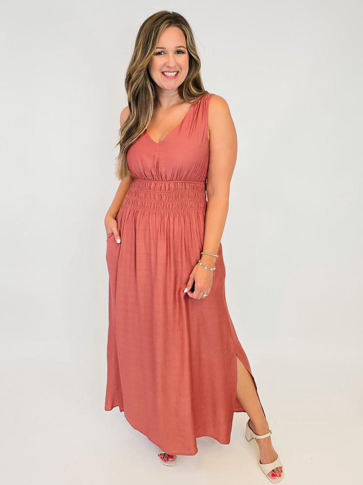 SLEEVELESS SOLID MAXI DRESS W/SMOCKED WAIST - LIGHT BRICK