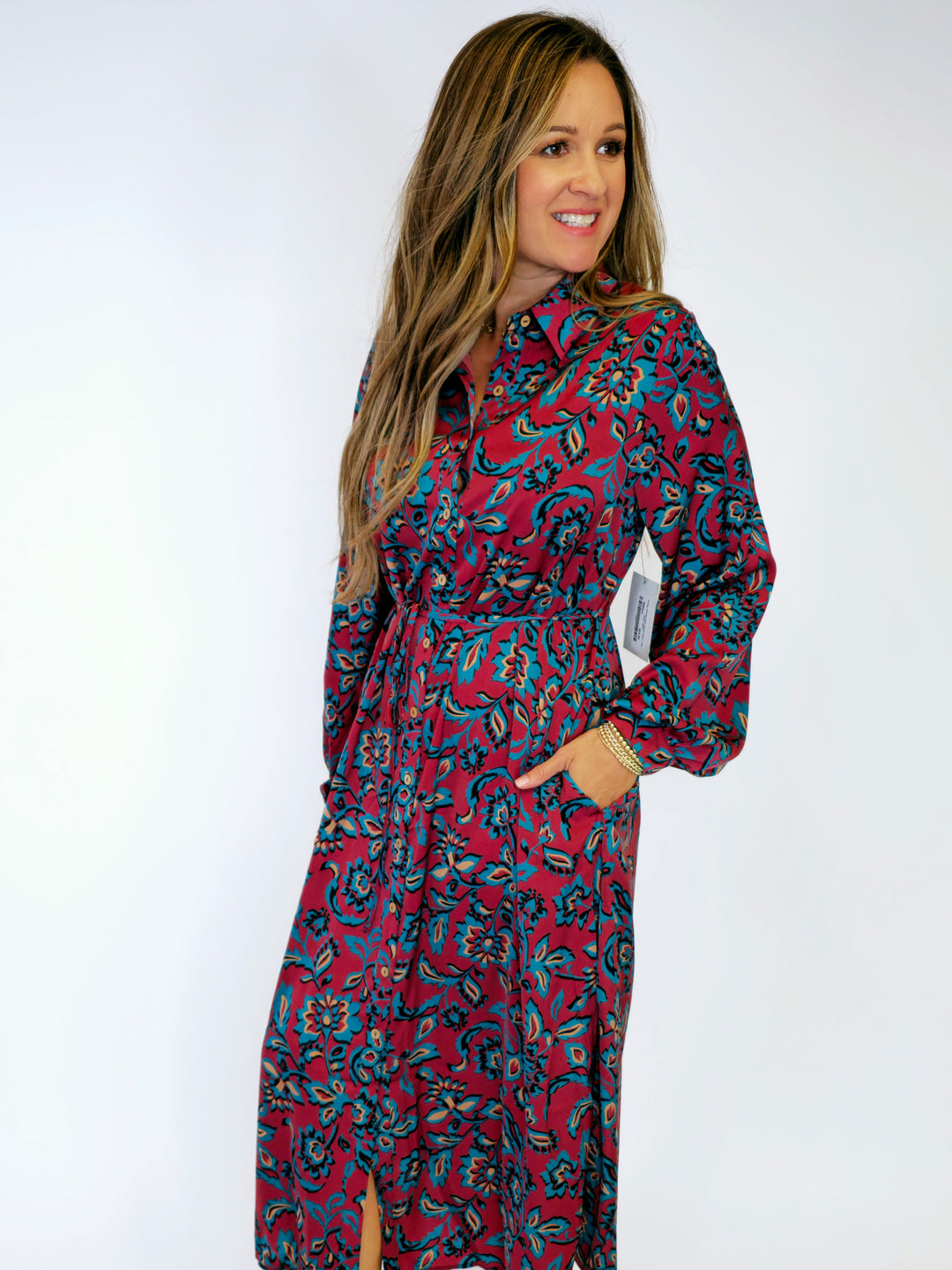 FLORAL PRINTED SHIRT DRESS W/BELT - RED BEAN