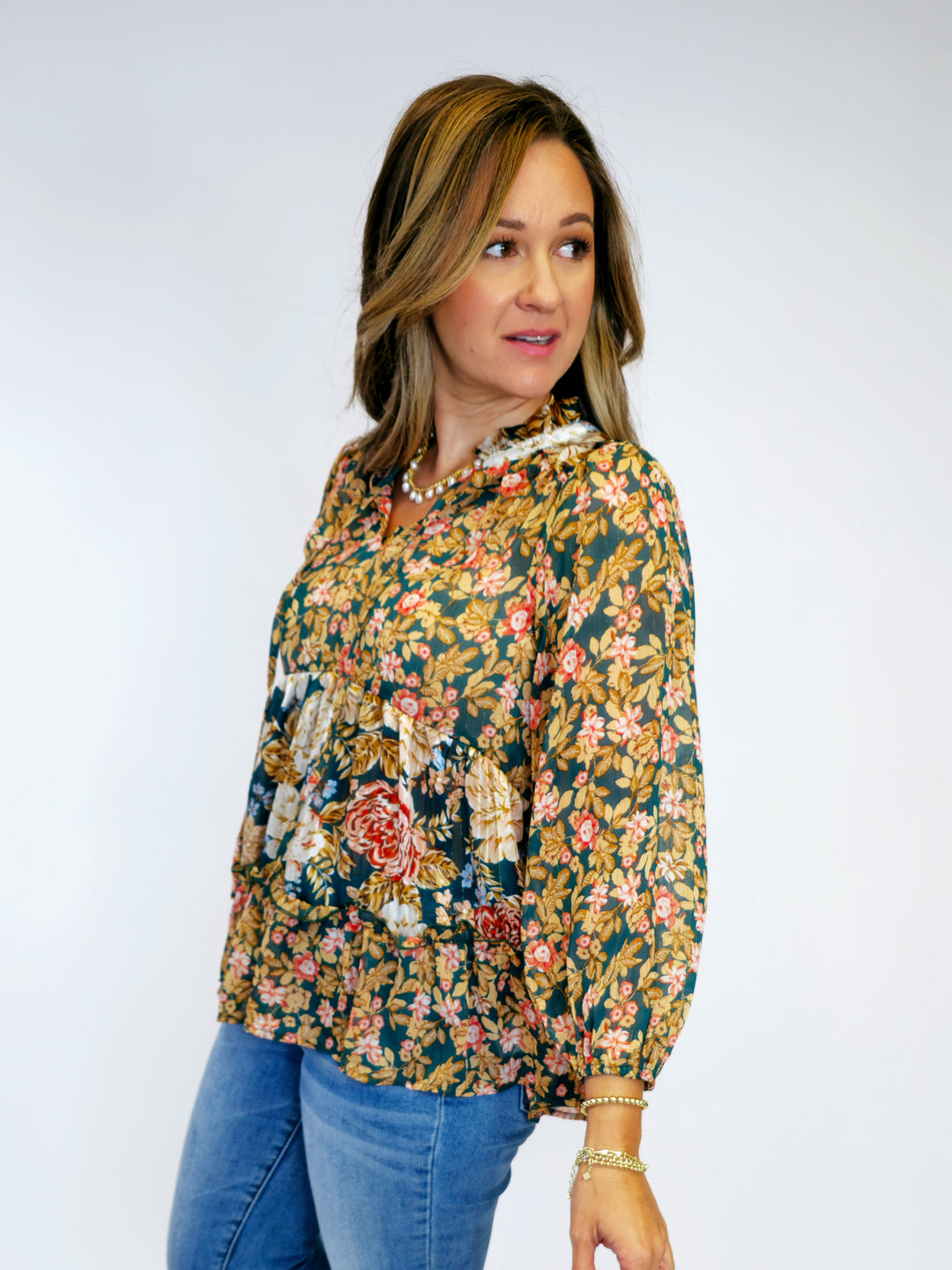 FLORAL PRINT A-LINE RUFFLE METALLIC TOP - HUNTER GREEN