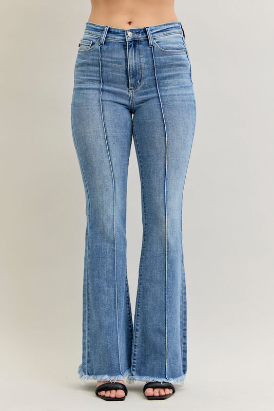 JUDY BLUE HW FRONT PINTUCK & FRAY HEM FLARE JEANS - MEDIUM WASH - 33" INSEAM