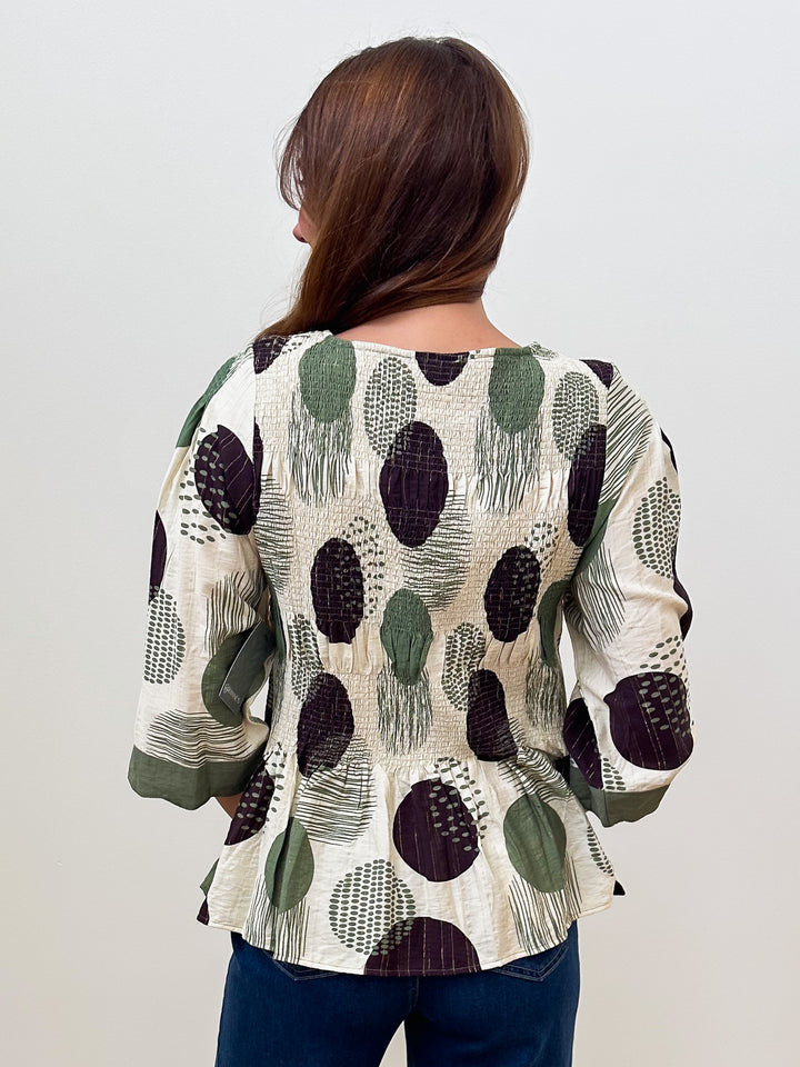 3/4 SLEEVE ABSTRACT DOT SMOCKED PEPLUM TOP - OLIVE