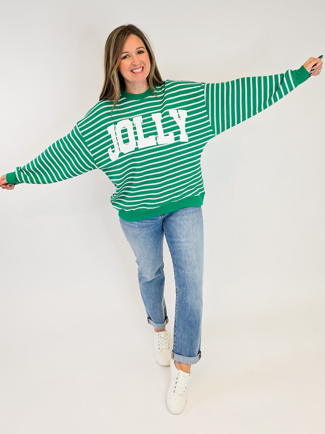 'JOLLY' STRIPE LONG SLEEVE GRAPHIC SWEATSHIRT - GREEN