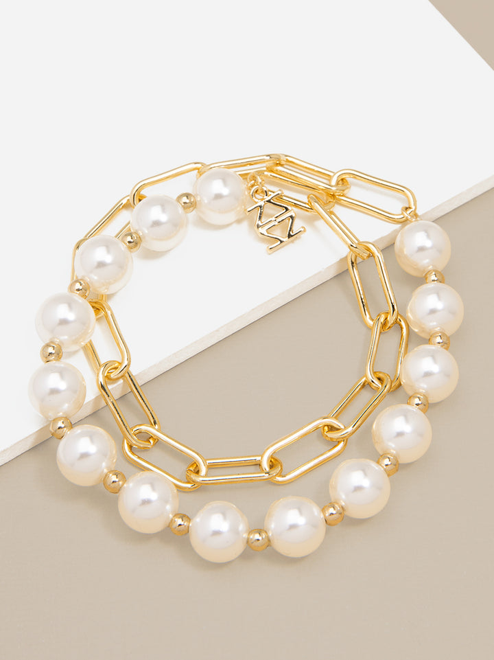 LAYERED PEARL AND LINK BRACELET - GOLD