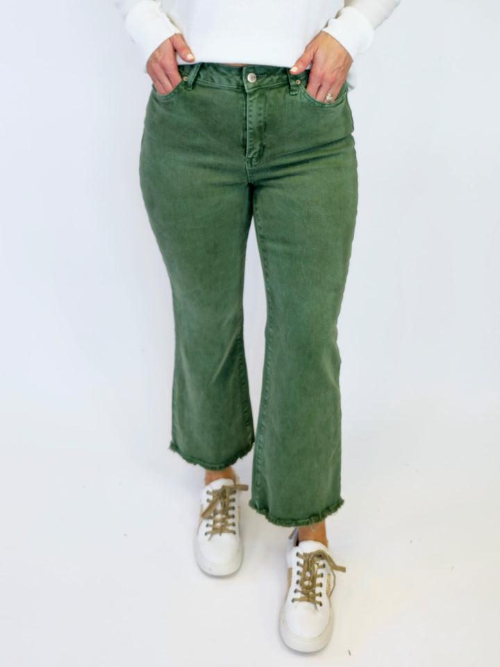 ACID WASHED HIGH WAIST FRAYED HEM BOOTCUT PANTS - OLIVE