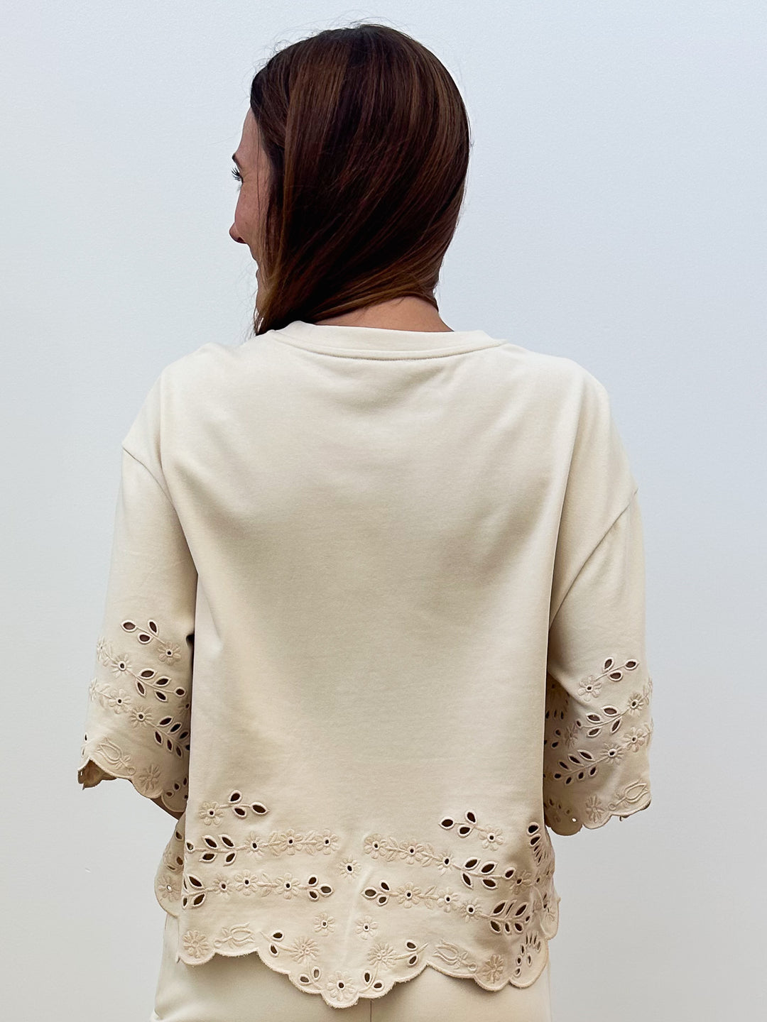 WIDE HALF SLEEVE EMBROIDERED COTTON TOP - NATURAL