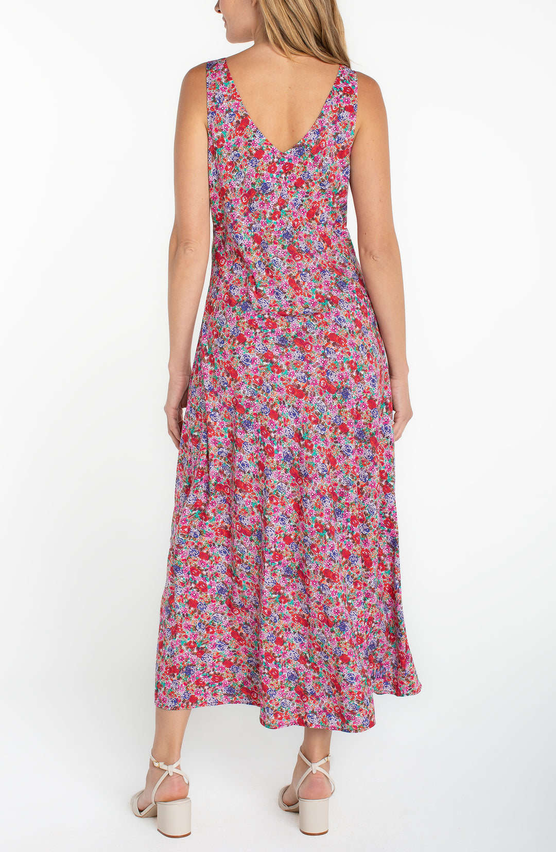 SLEEVELESS RUFFLE FRONT WOVEN MAXI DRESS - PINK MULTI