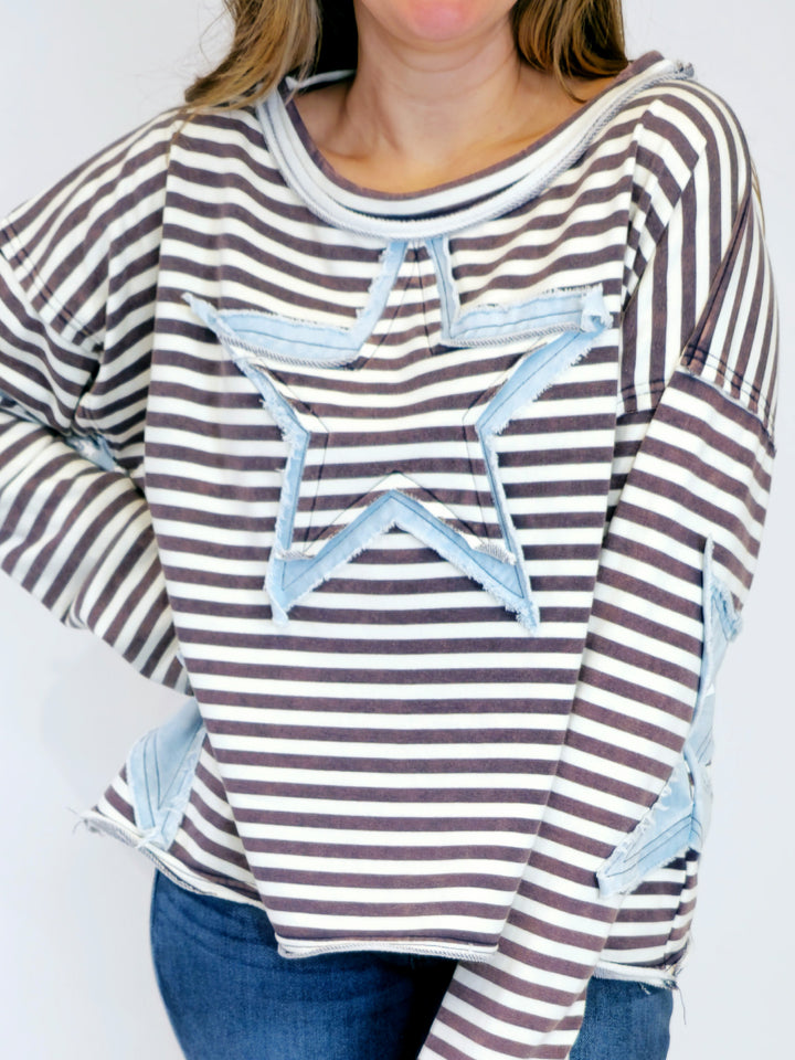 DENIM STAR PATCH STRIPED TOP - BLUE