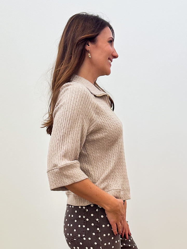 3/4 SLEEVE HALF ZIP SWEATER - TAUPE