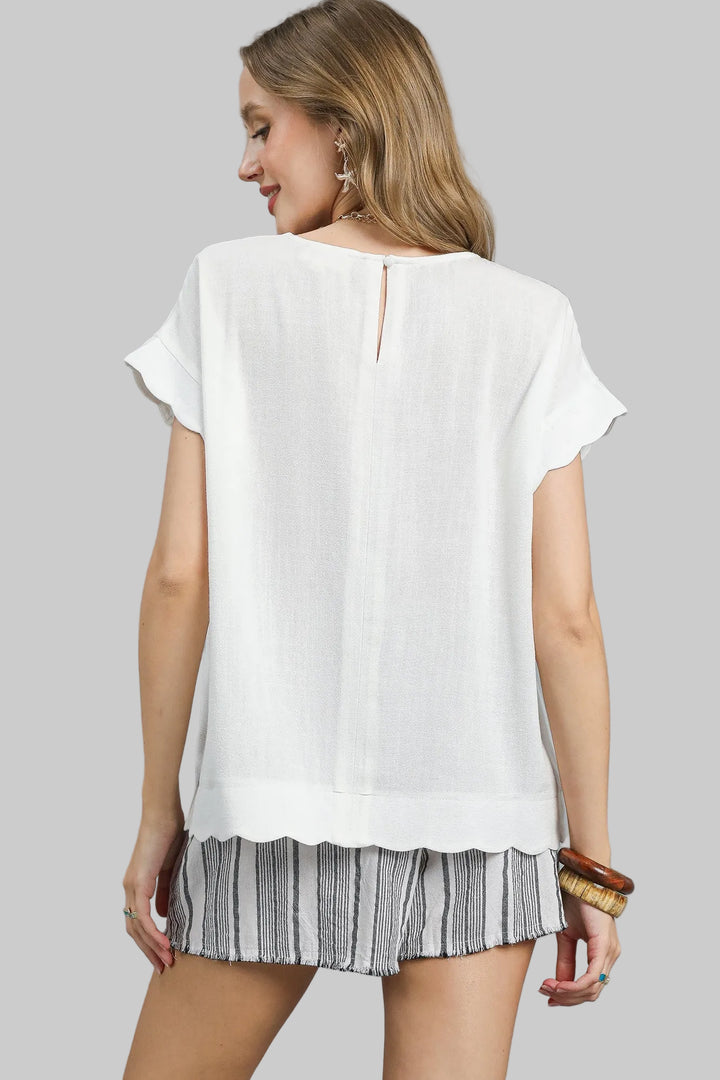 SCALLOP HEM LINEN BLEND TOP - OFF WHITE
