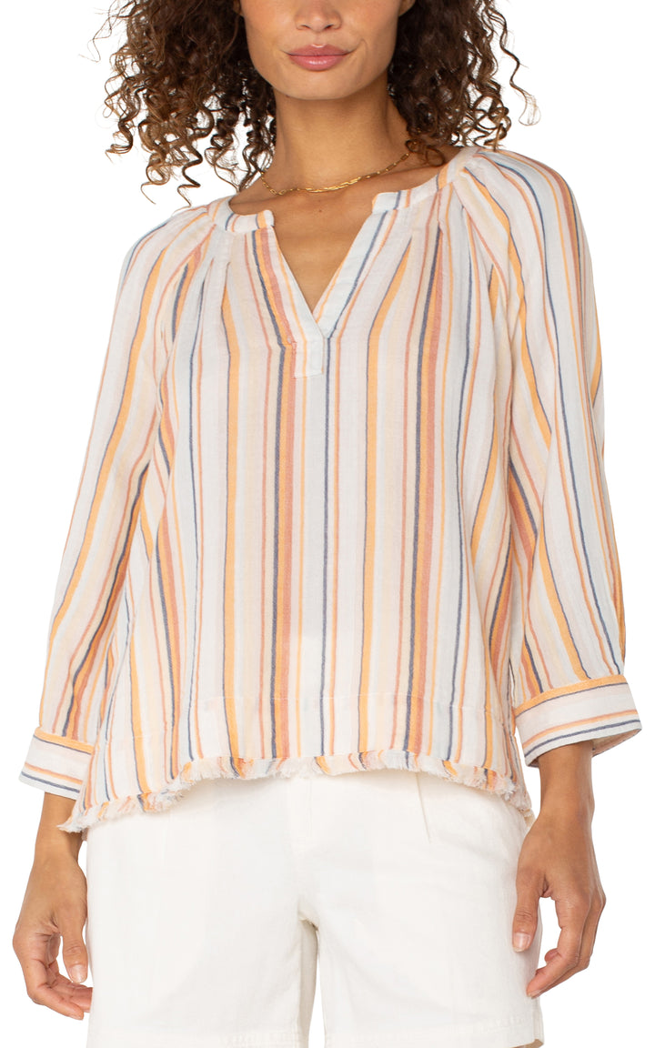 3/4 SLEEVE PLEATED RAGLAN WOVEN TOP W/FRAY HEM - ORANGE STRIPE