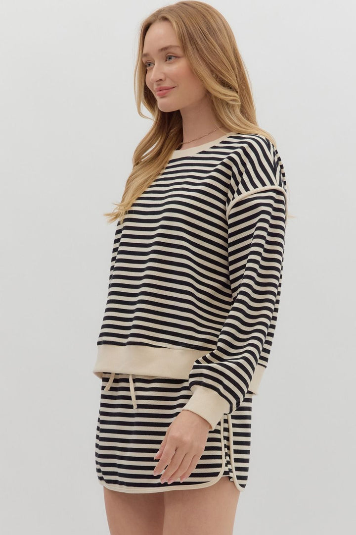 STRIPED JERSEY PULLOVER - BLACK