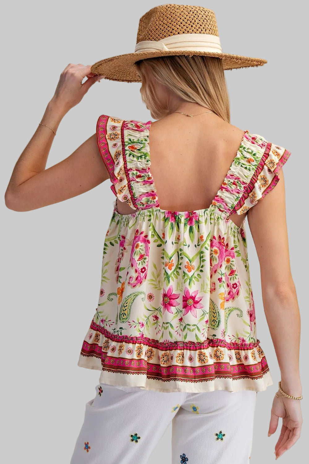 CAP SLEEVE PRINTED RAYON CHALLIS TOP - PINK