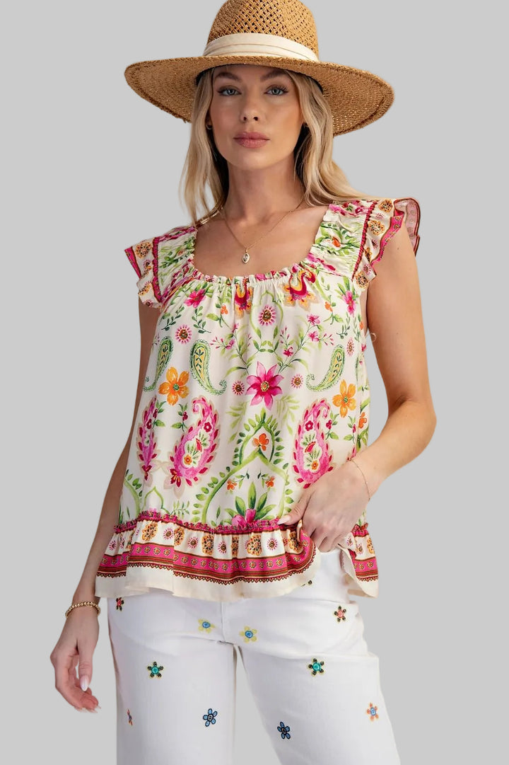 CAP SLEEVE PRINTED RAYON CHALLIS TOP - PINK