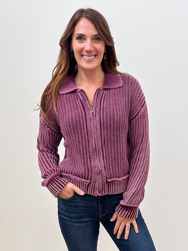 WASHED RIBBED ZIP-UP SWEATER - WASHED BURGUNDY