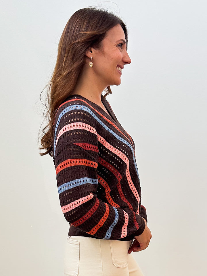 V-NECK STRIPED OPEN KNIT SWEATER - BROWN MULTI